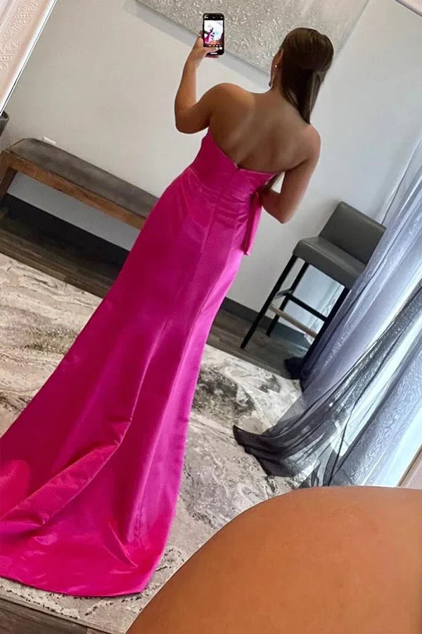 Hot Pink Strapless Satin Gown with Bow Detail and Slit Evening Dresses