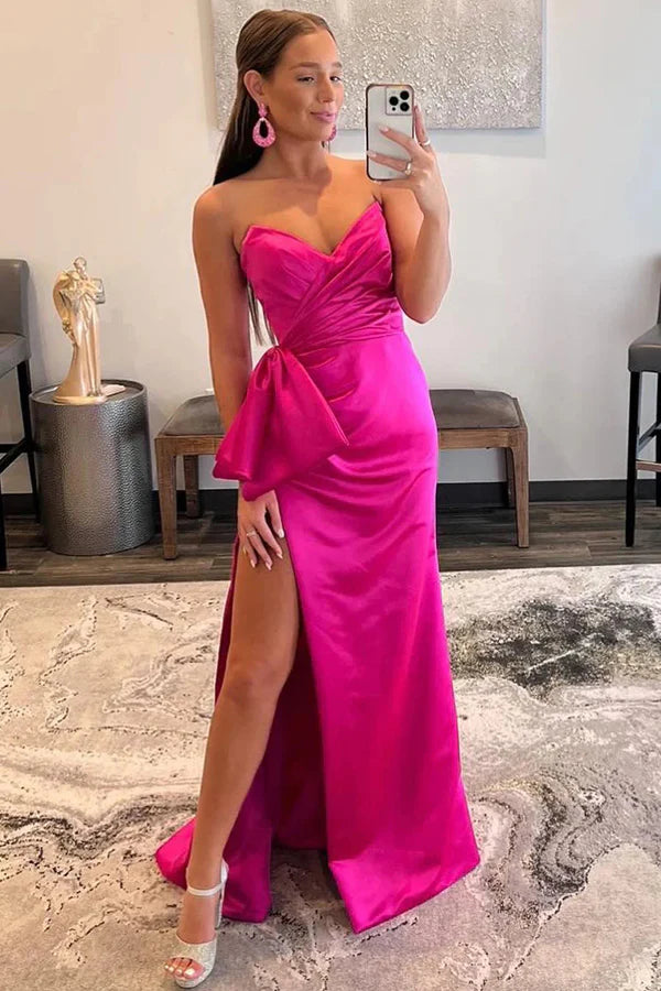 Hot Pink Strapless Satin Gown with Bow Detail and Slit Evening Dresses