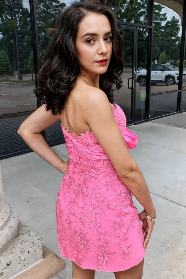 Sweetheart Lace Strapless Bodycon Pink Homecoming Dress