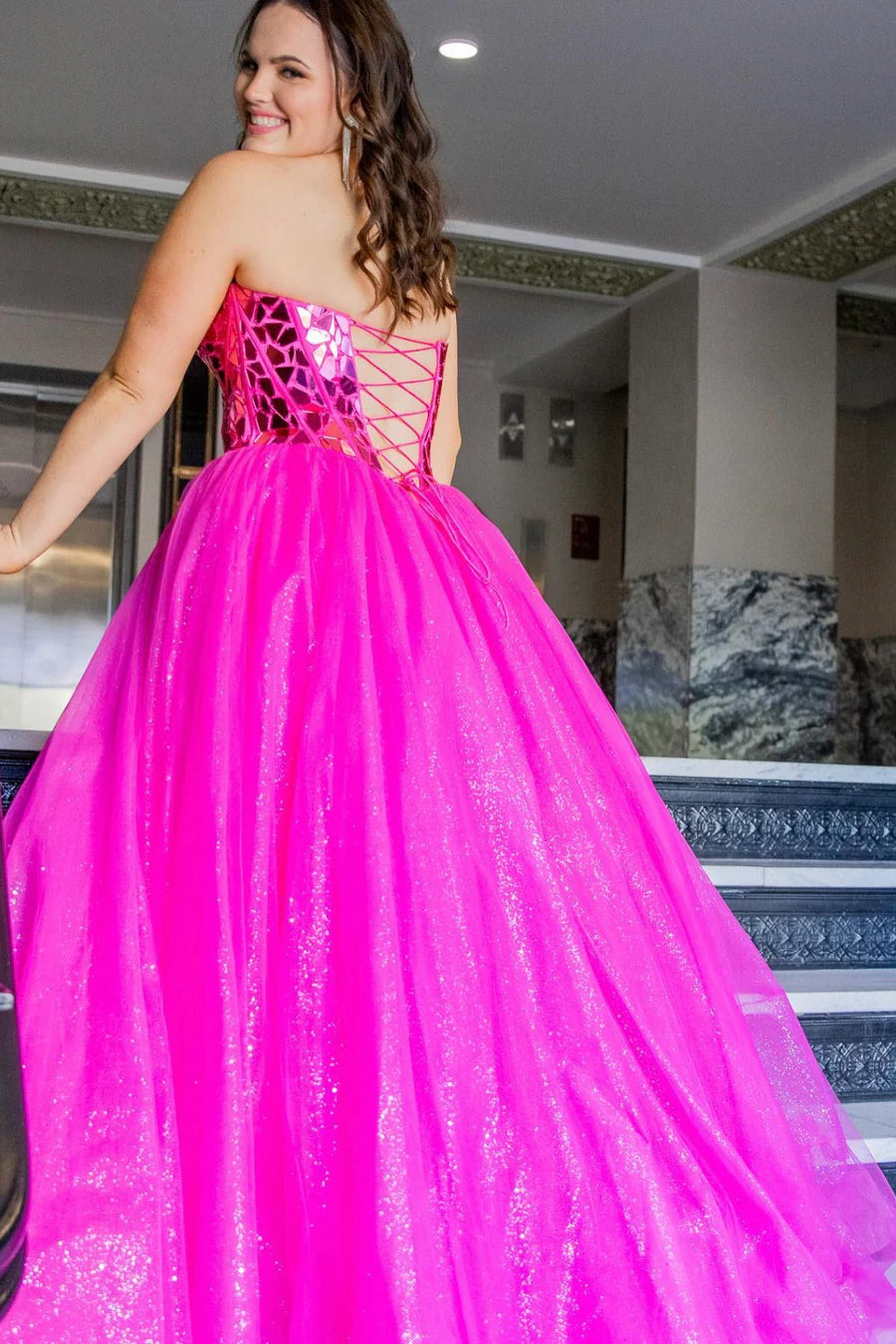 Sweetheart Pink Broken Mirrors A-line Long Prom Gown