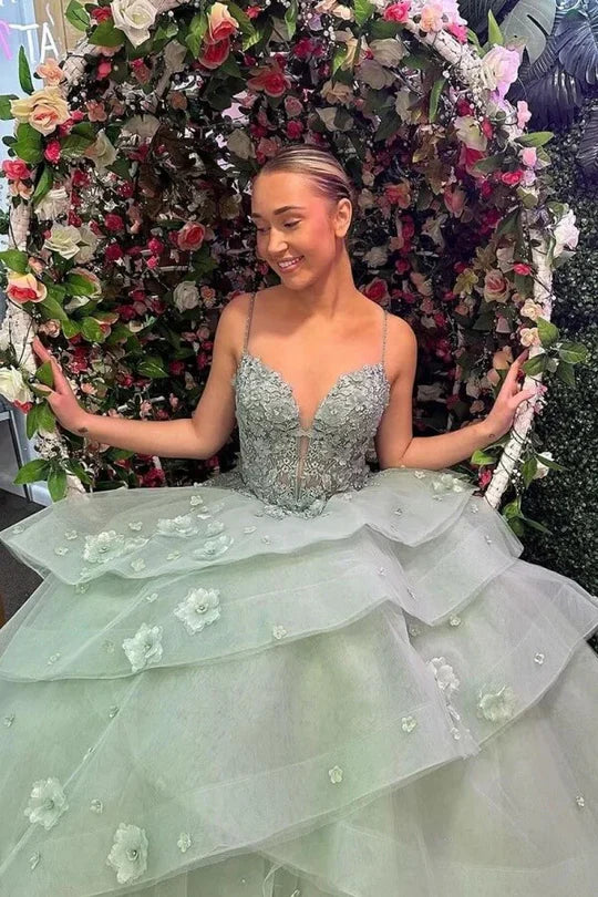 Sweetheart Spaghetti Straps Tulle A-Line Floral Prom Dress