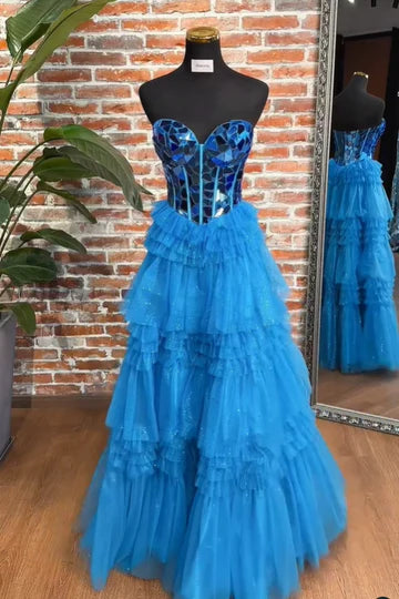 Sweetheart Strapless Empire Beaded Tiered Tulle A-Line Party Prom Dress