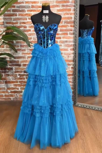 Sweetheart Strapless Empire Beaded Tiered Tulle A-Line Party Prom Dress