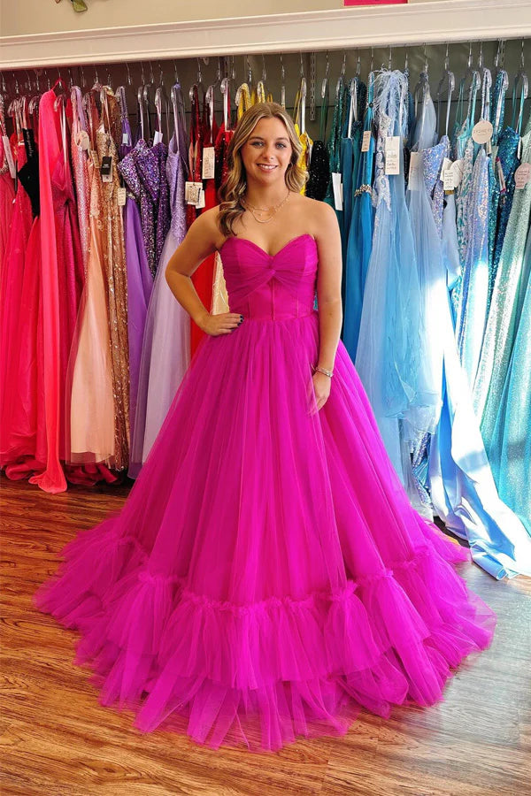 Hot Pink Strapless Sweetheart Corset Tulle Ball Gown Evening Dresses