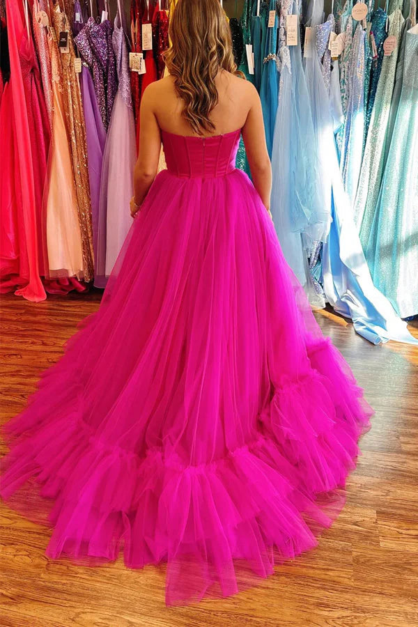 Hot Pink Strapless Sweetheart Corset Tulle Ball Gown Evening Dresses