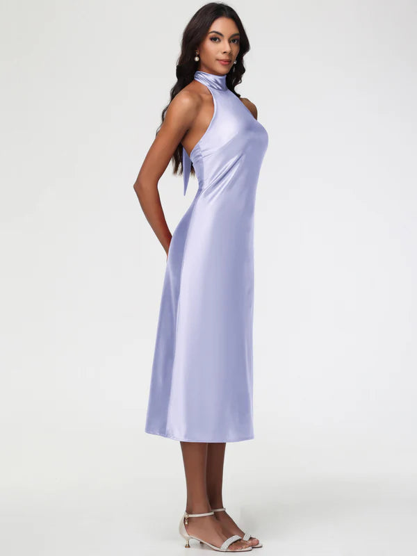 Tea-Length High Neck Sleeveless Stretch Satin Party Dresses