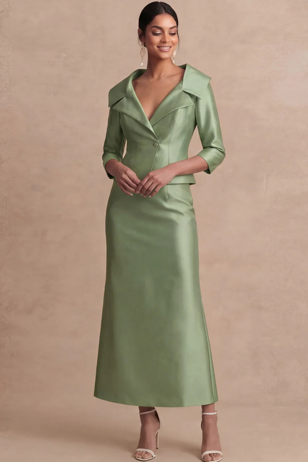 Tailored Satin Blazer-Style Collared Jacket with Midi Skirt Two-Piece Mother of the Bride Dress