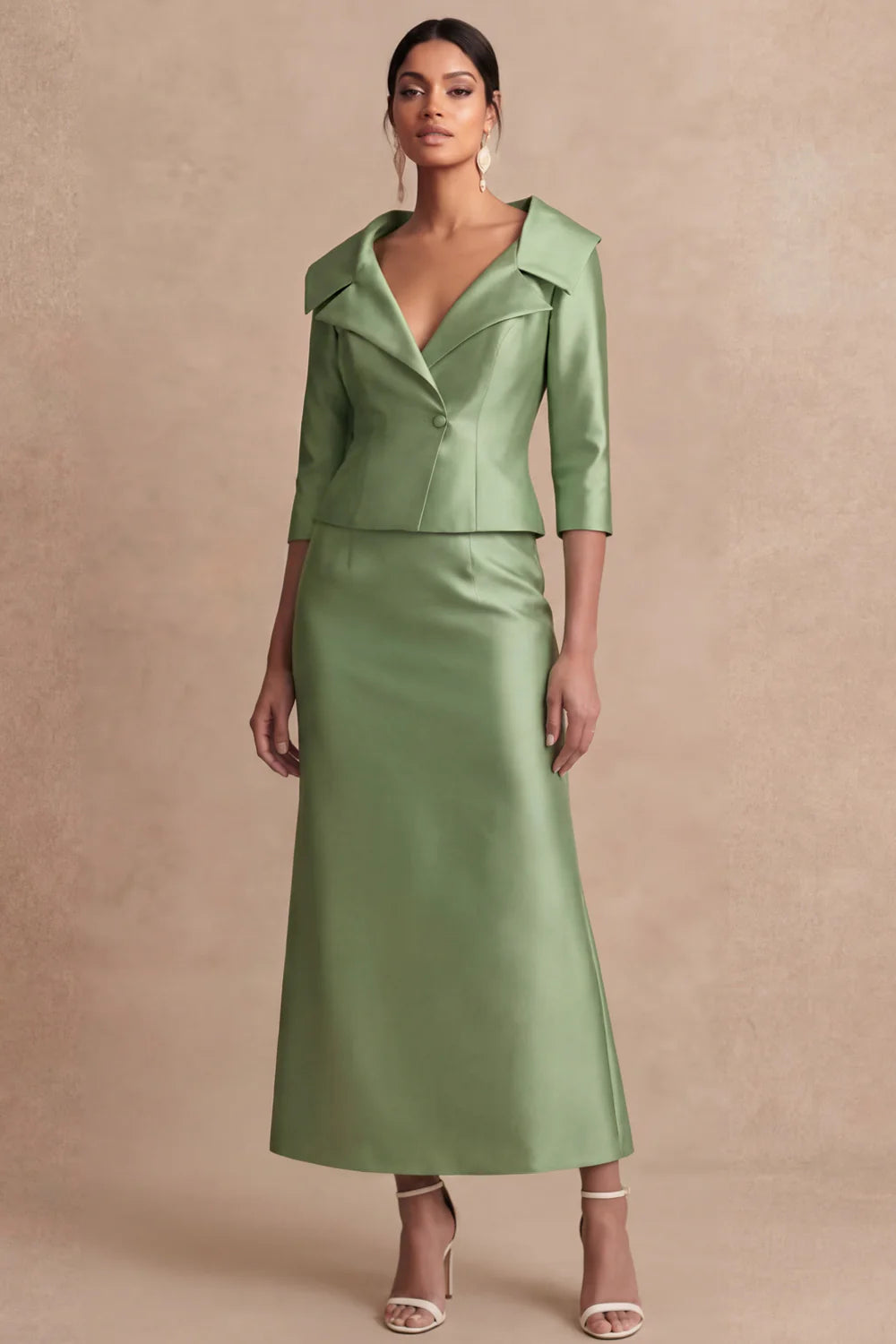 Tailored Satin Blazer-Style Collared Jacket with Midi Skirt Two-Piece Mother of the Bride Dress