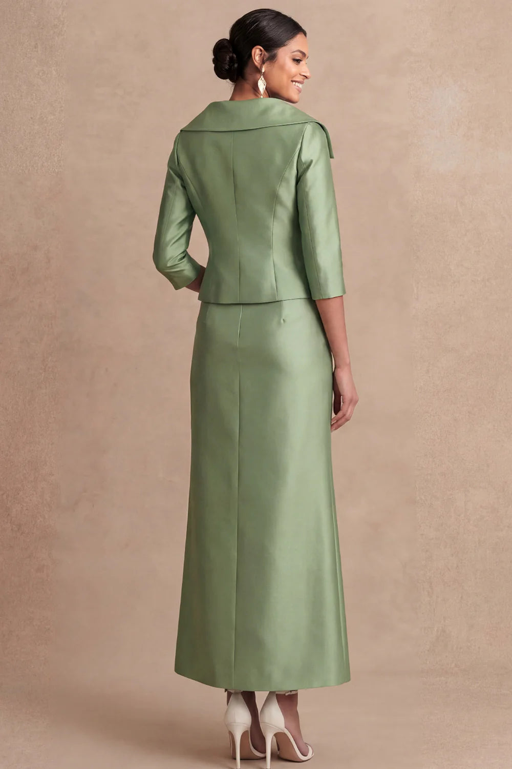 Tailored Satin Blazer-Style Collared Jacket with Midi Skirt Two-Piece Mother of the Bride Dress