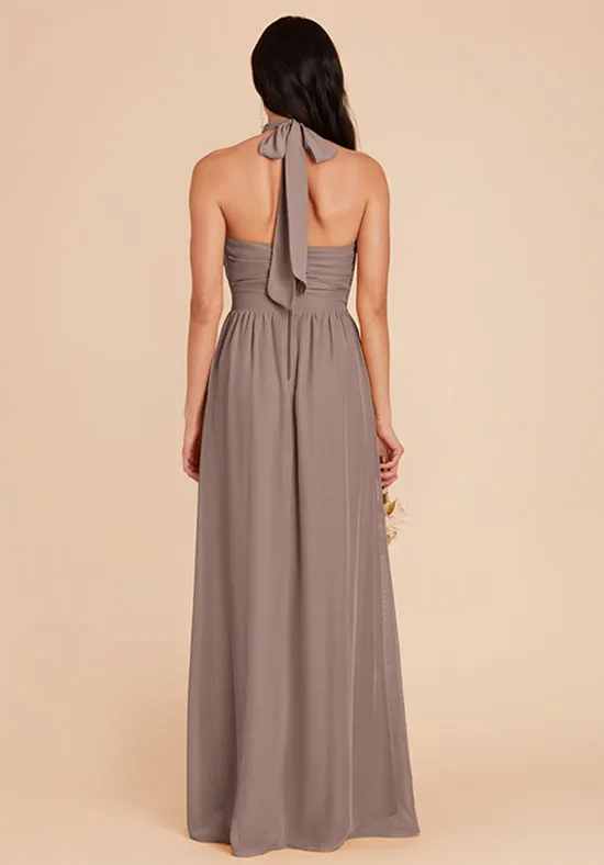 Taupe Chiffon Halter Tie Neck Ruffle High Slit Pocket A-Line Plus Size Floor Length Bridesmaid Dresses
