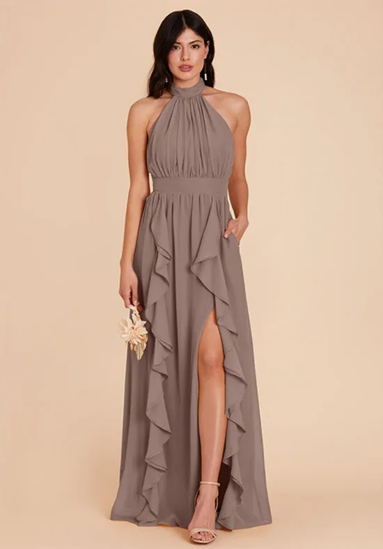 Taupe Chiffon Halter Tie Neck Ruffle High Slit Pocket A-Line Plus Size Floor Length Bridesmaid Dresses