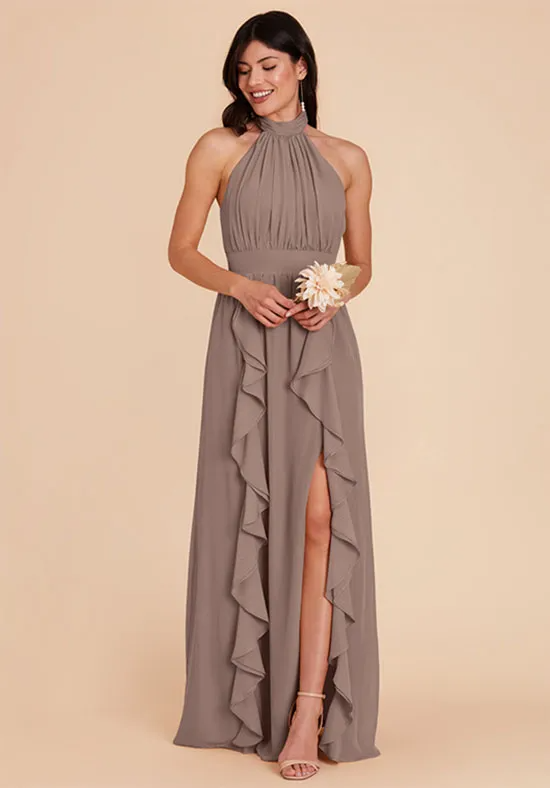 Taupe Chiffon Halter Tie Neck Ruffle High Slit Pocket A-Line Plus Size Floor Length Bridesmaid Dresses