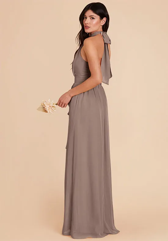 Taupe Chiffon Halter Tie Neck Ruffle High Slit Pocket A-Line Plus Size Floor Length Bridesmaid Dresses