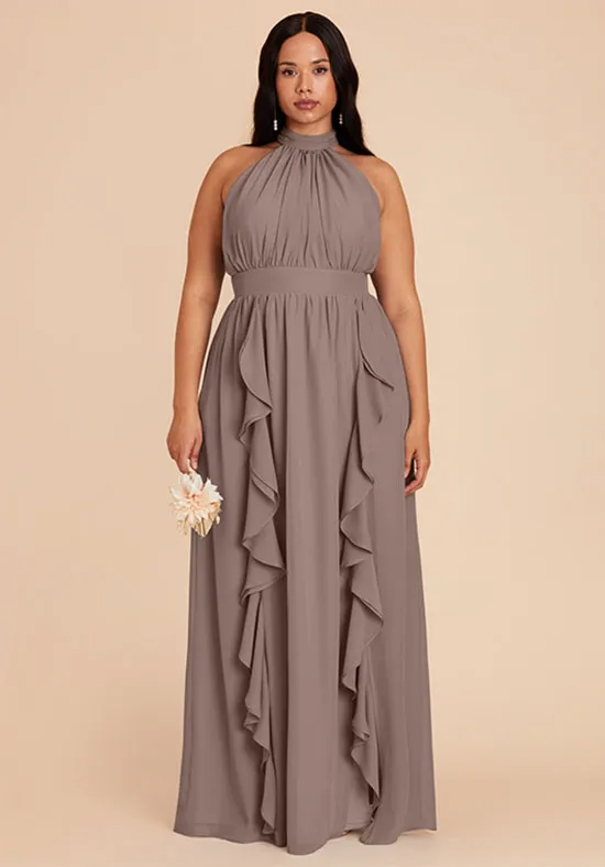 Taupe Chiffon Halter Tie Neck Ruffle High Slit Pocket A-Line Plus Size Floor Length Bridesmaid Dresses