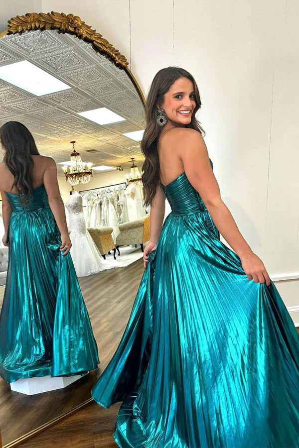 Teal Metallic Strapless Sweetheart Cut-Out A-Line with Slit Evening Dresses