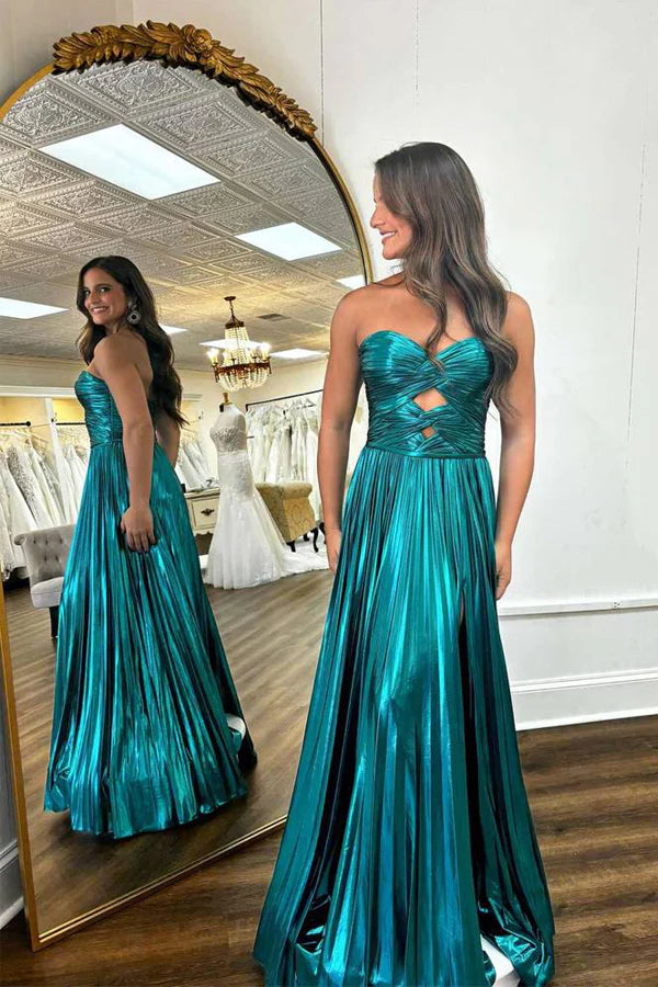 Teal Metallic Strapless Sweetheart Cut-Out A-Line with Slit Evening Dresses
