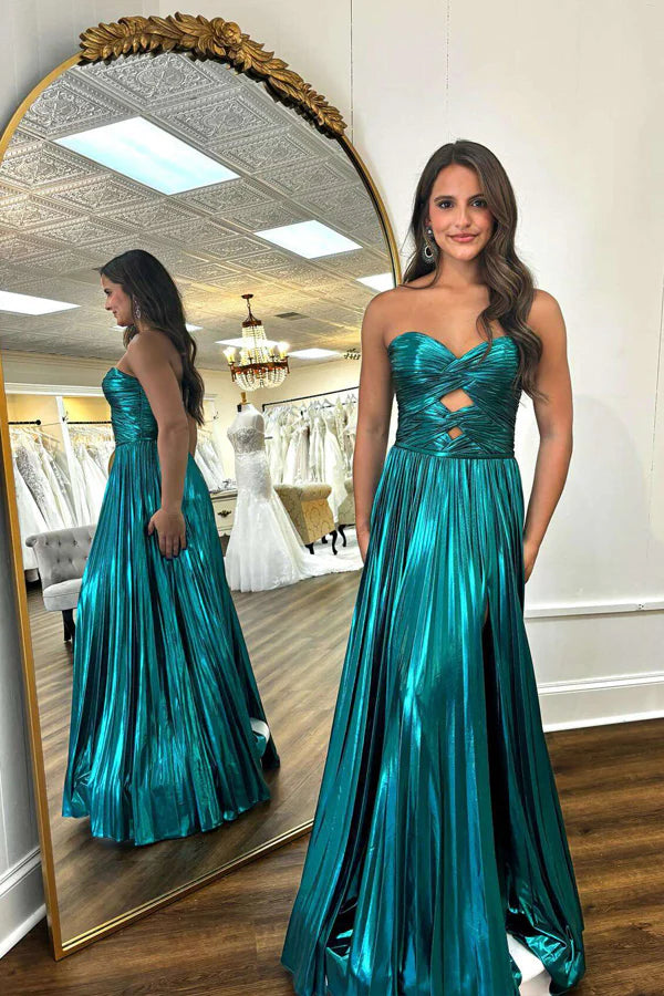 Teal Metallic Strapless Sweetheart Cut-Out A-Line with Slit Evening Dresses