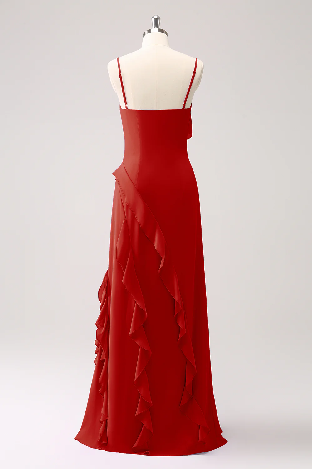 Chic Spaghetti Strap Evening Dress with Ruffle Trim and High Slit Detail