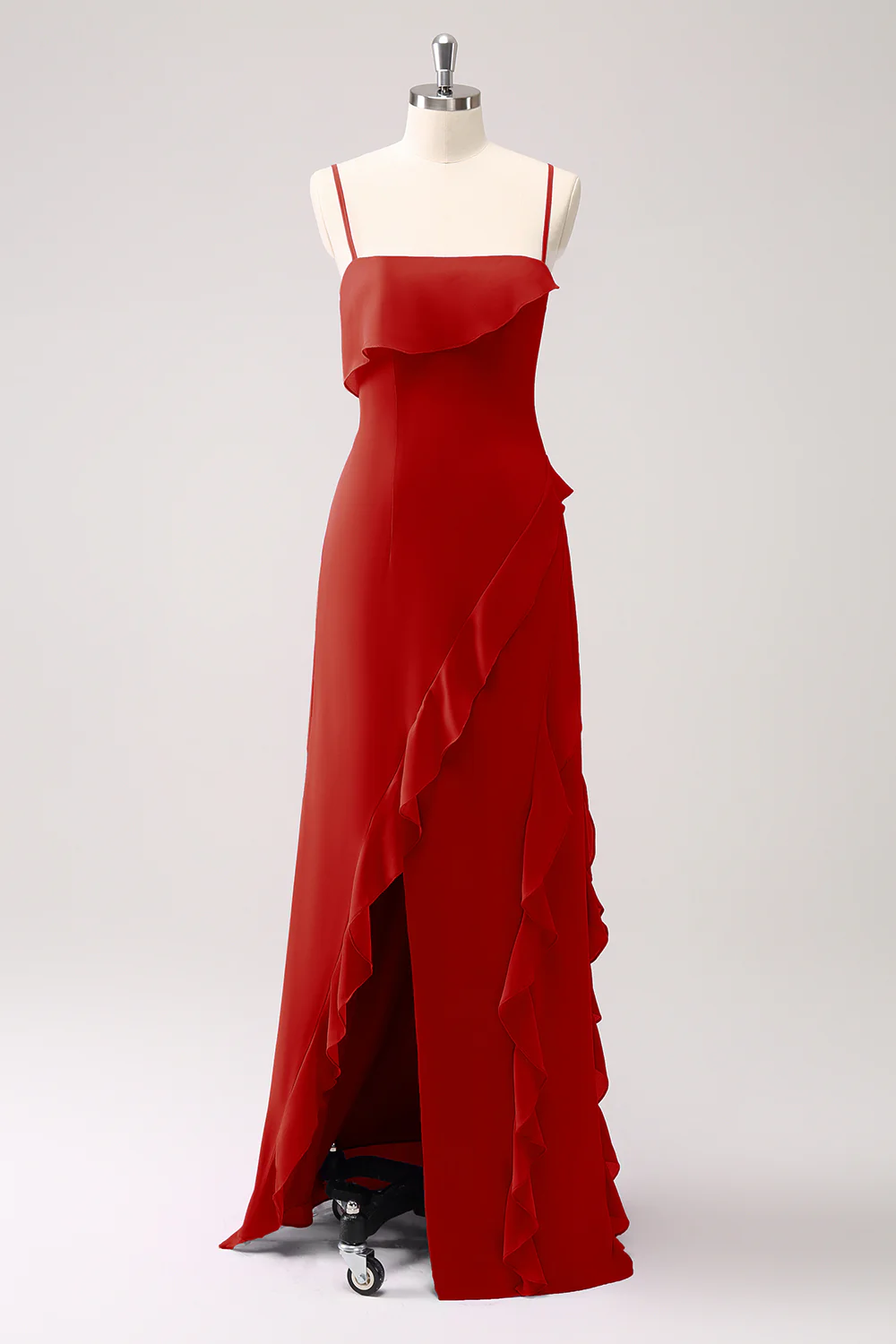 Chic Spaghetti Strap Evening Dress with Ruffle Trim and High Slit Detail