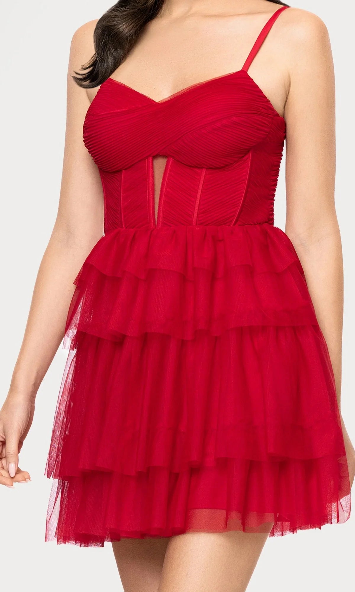 Thin Spaghetti Strap Corset Keyhole Front Multi Tier Tulle Mini Homecoming Dresses