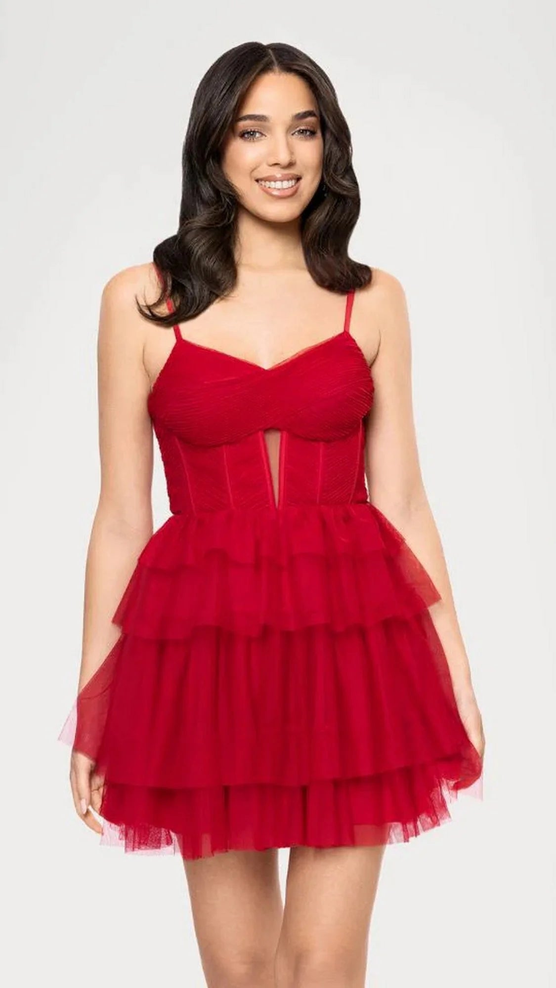 Thin Spaghetti Strap Corset Keyhole Front Multi Tier Tulle Mini Homecoming Dresses