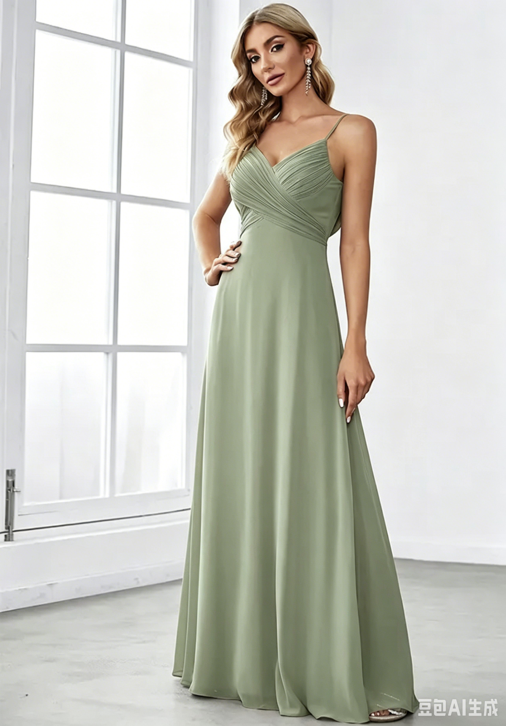 Thin Spaghetti Strap Cross Ruched Bodice Cowl Draped Open Back Flowy Chiffon Floor Length Bridesmaid Dresses