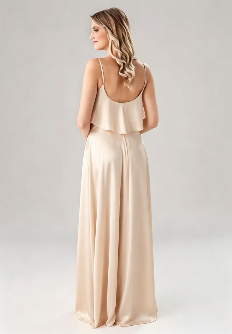 Thin Spaghetti Strap Ruffle Overlay Top Side High Slit Glossy Satin Floor Length Bridesmaid Dresses