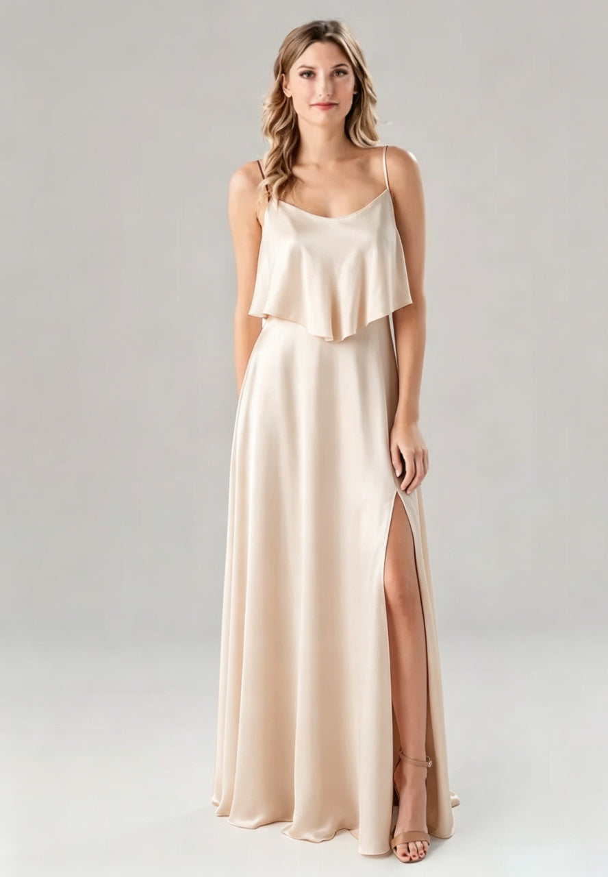 Thin Spaghetti Strap Ruffle Overlay Top Side High Slit Glossy Satin Floor Length Bridesmaid Dresses