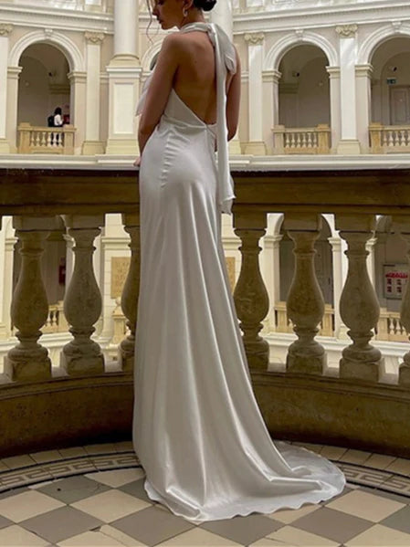 Chic Halter Neck Satin Mermaid Wedding Dress with Open Tie-Back & Sweeping Train