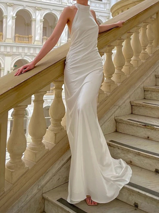 Chic Halter Neck Satin Mermaid Wedding Dress with Open Tie-Back & Sweeping Train