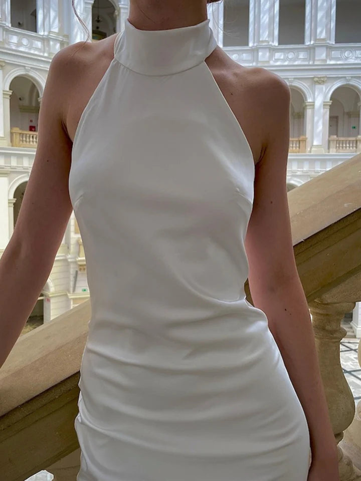 Chic Halter Neck Satin Mermaid Wedding Dress with Open Tie-Back & Sweeping Train