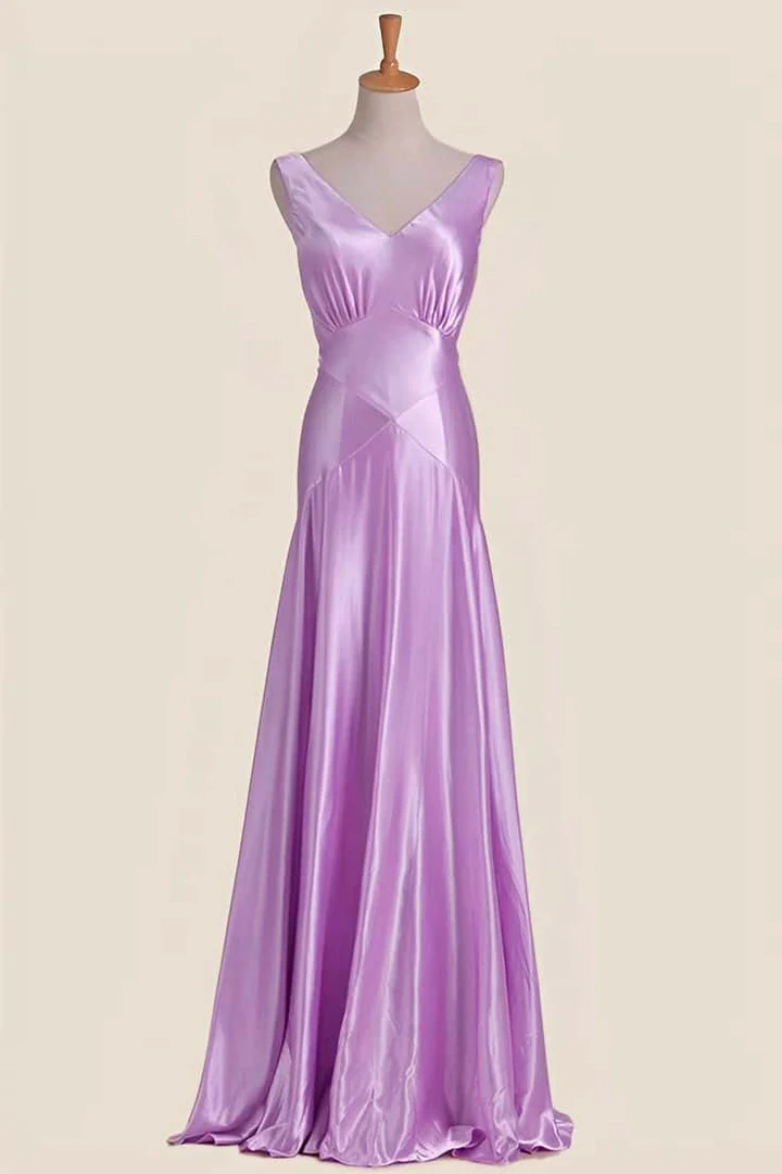 V-Neck Satin Sleeveless Bow-Back Mermaid Floor-Length Bridesmaid Dress