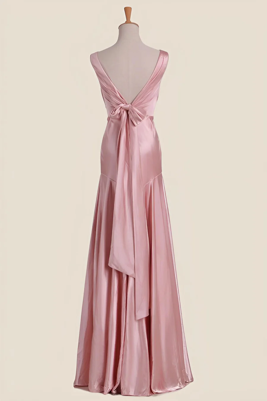 V-Neck Satin Sleeveless Bow-Back Mermaid Floor-Length Bridesmaid Dress
