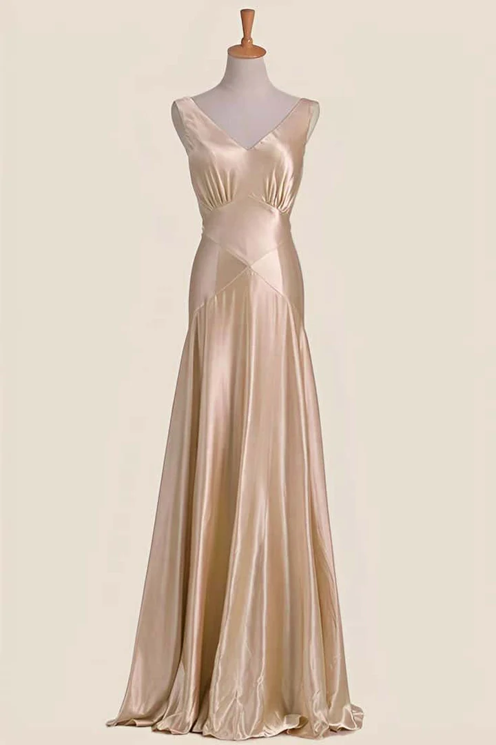 V-Neck Satin Sleeveless Bow-Back Mermaid Floor-Length Bridesmaid Dress