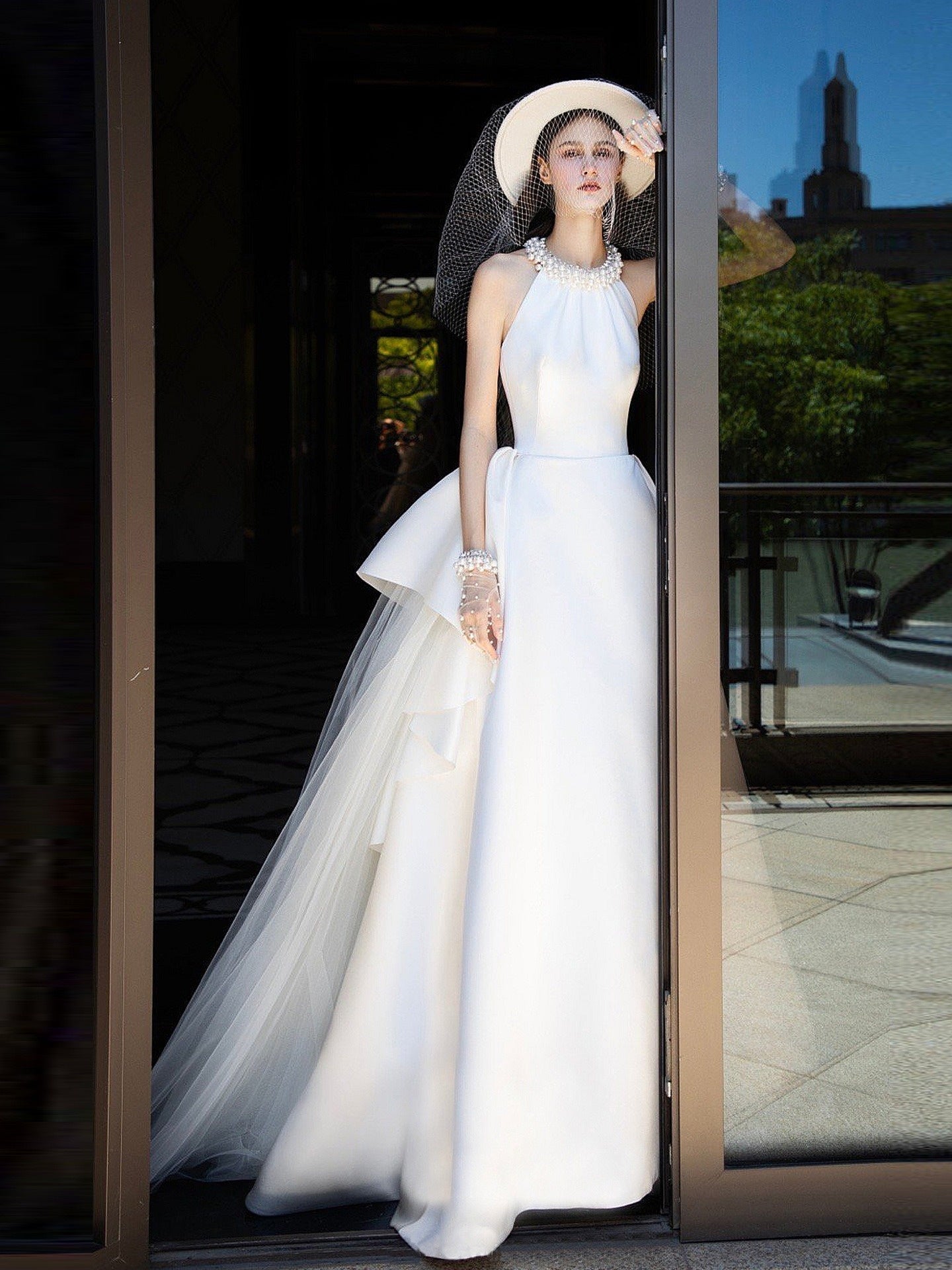 Halter-Neck Satin Wedding Dress with Pearl Neckline, Asymmetric Overskirt & Cathedral Train