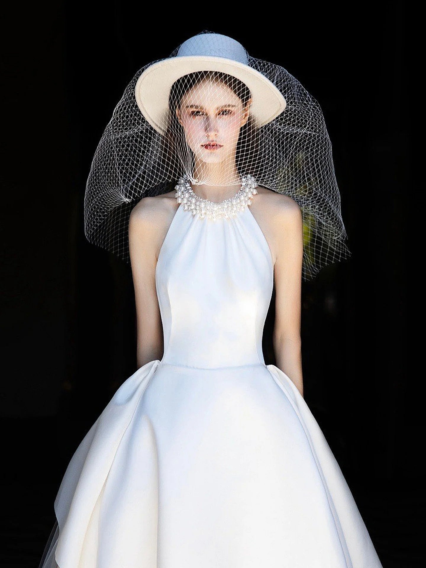 Halter-Neck Satin Wedding Dress with Pearl Neckline, Asymmetric Overskirt & Cathedral Train