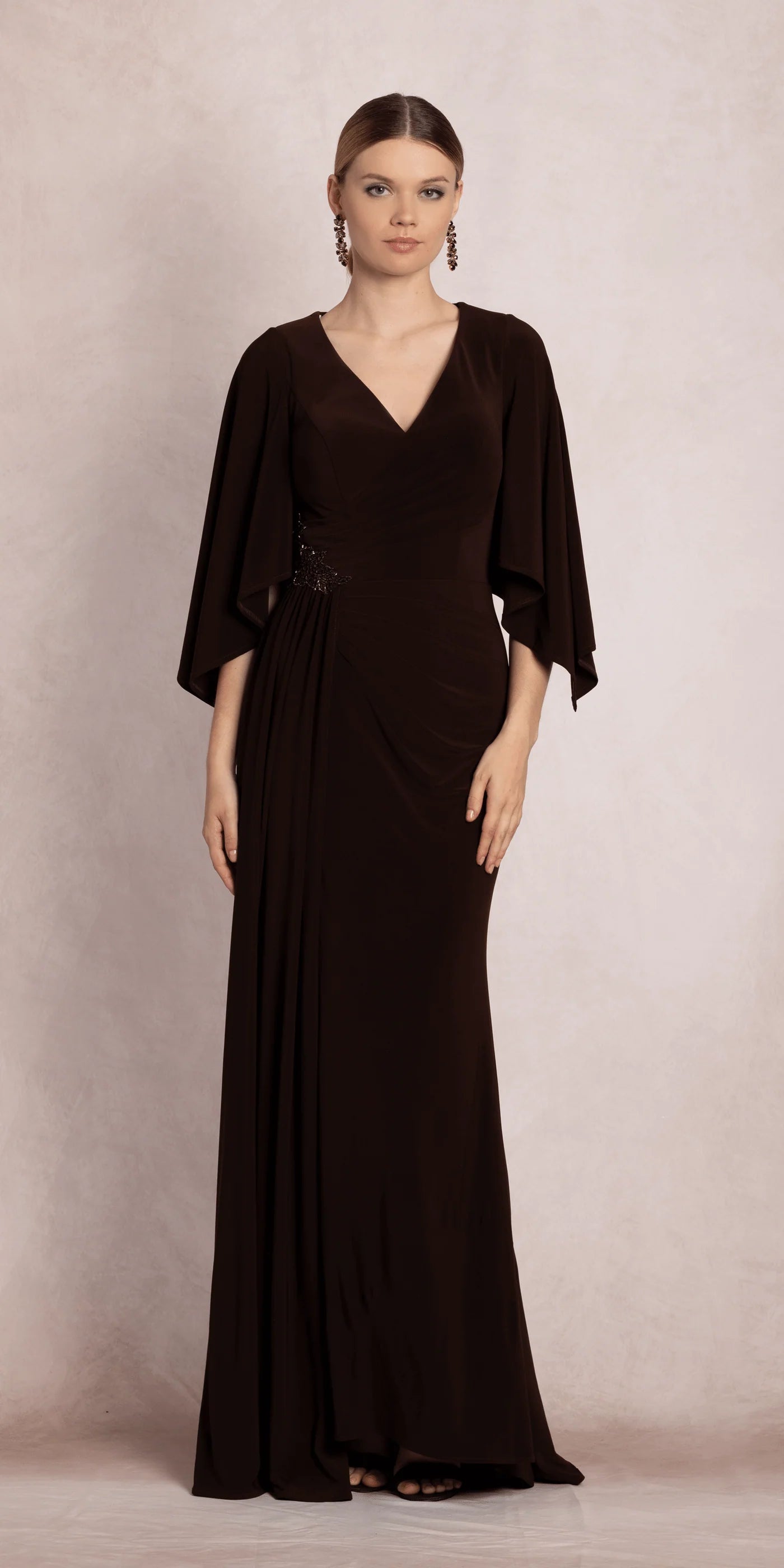 Sophisticated Mermaid V-Neck Cape Sleeve Ruched Beaded High Slit Floor-Length Evening Dresses