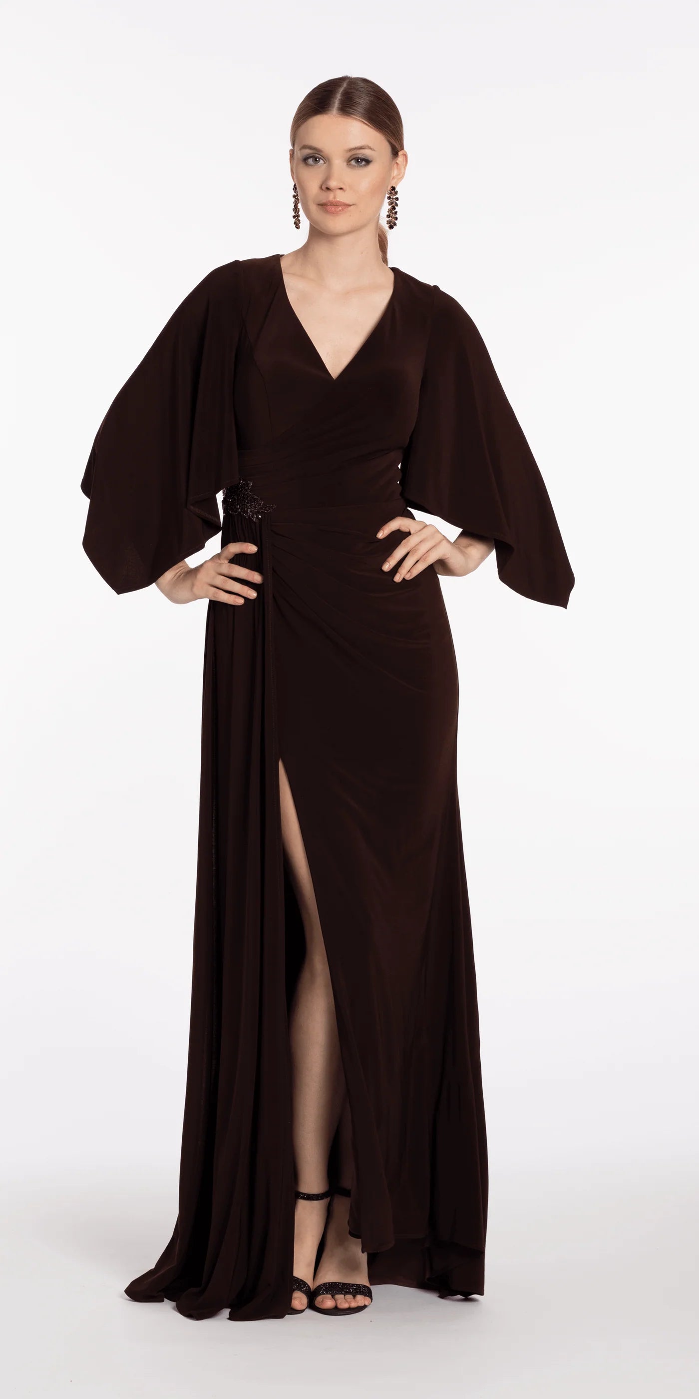 Sophisticated Mermaid V-Neck Cape Sleeve Ruched Beaded High Slit Floor-Length Evening Dresses