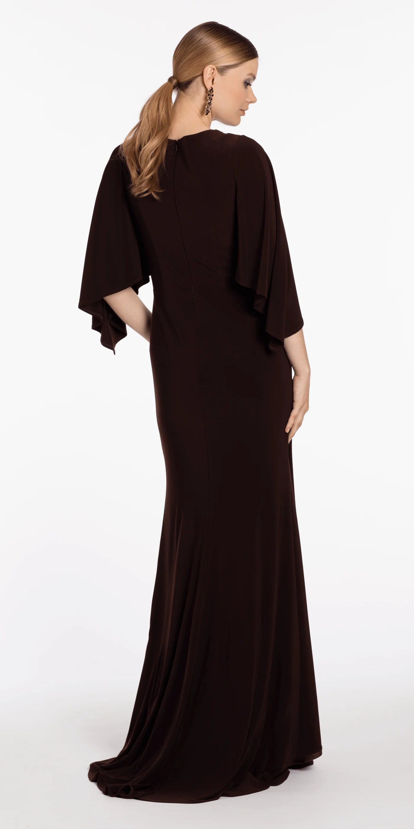 Sophisticated Mermaid V-Neck Cape Sleeve Ruched Beaded High Slit Floor-Length Evening Dresses