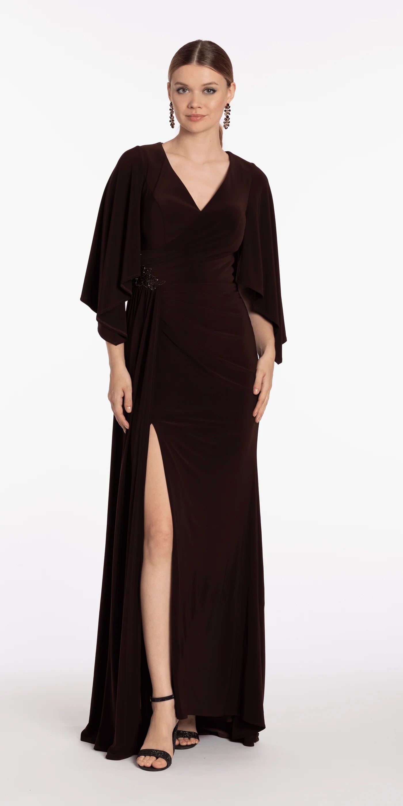 Sophisticated Mermaid V-Neck Cape Sleeve Ruched Beaded High Slit Floor-Length Evening Dresses