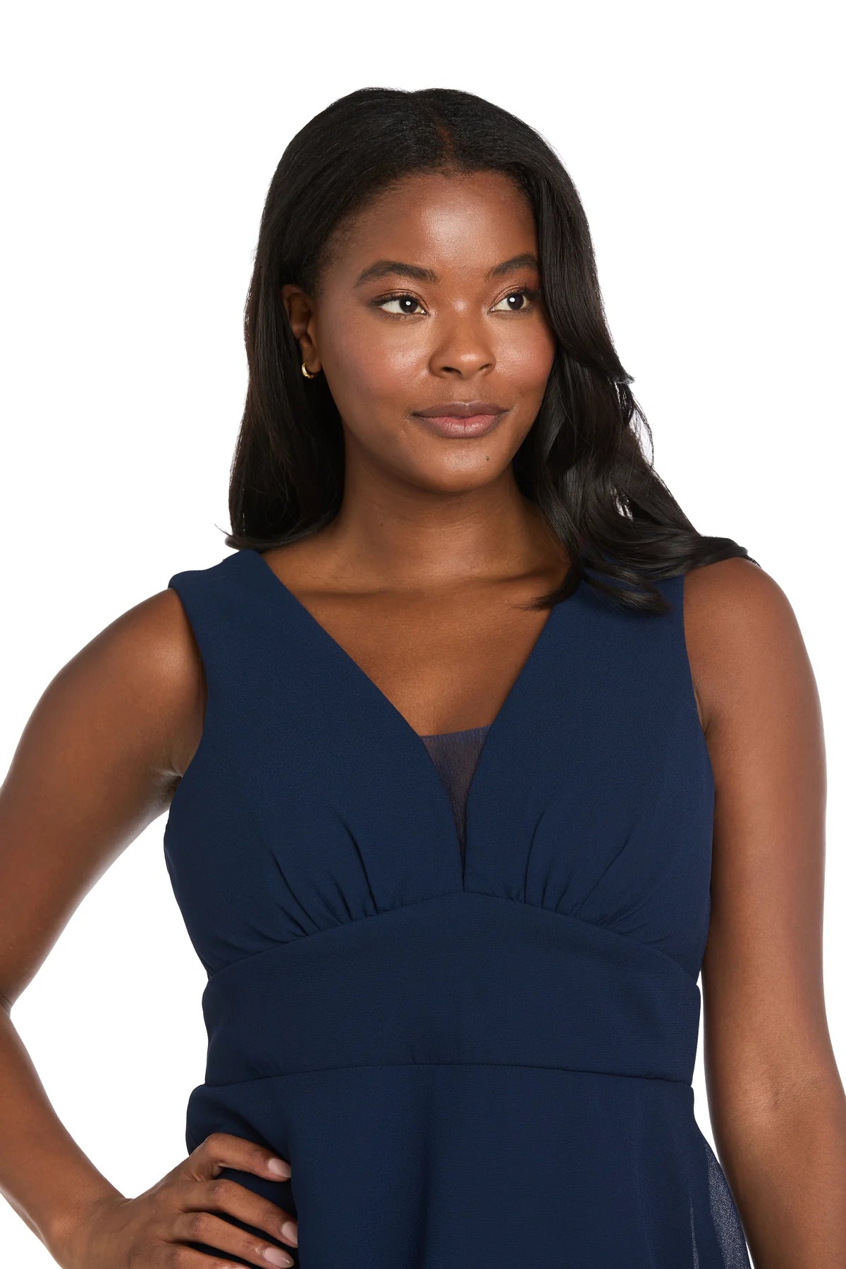 Tiered Chiffon Column V Neck Sleeveless V Back Floor Length Evening Dress with Front Slit