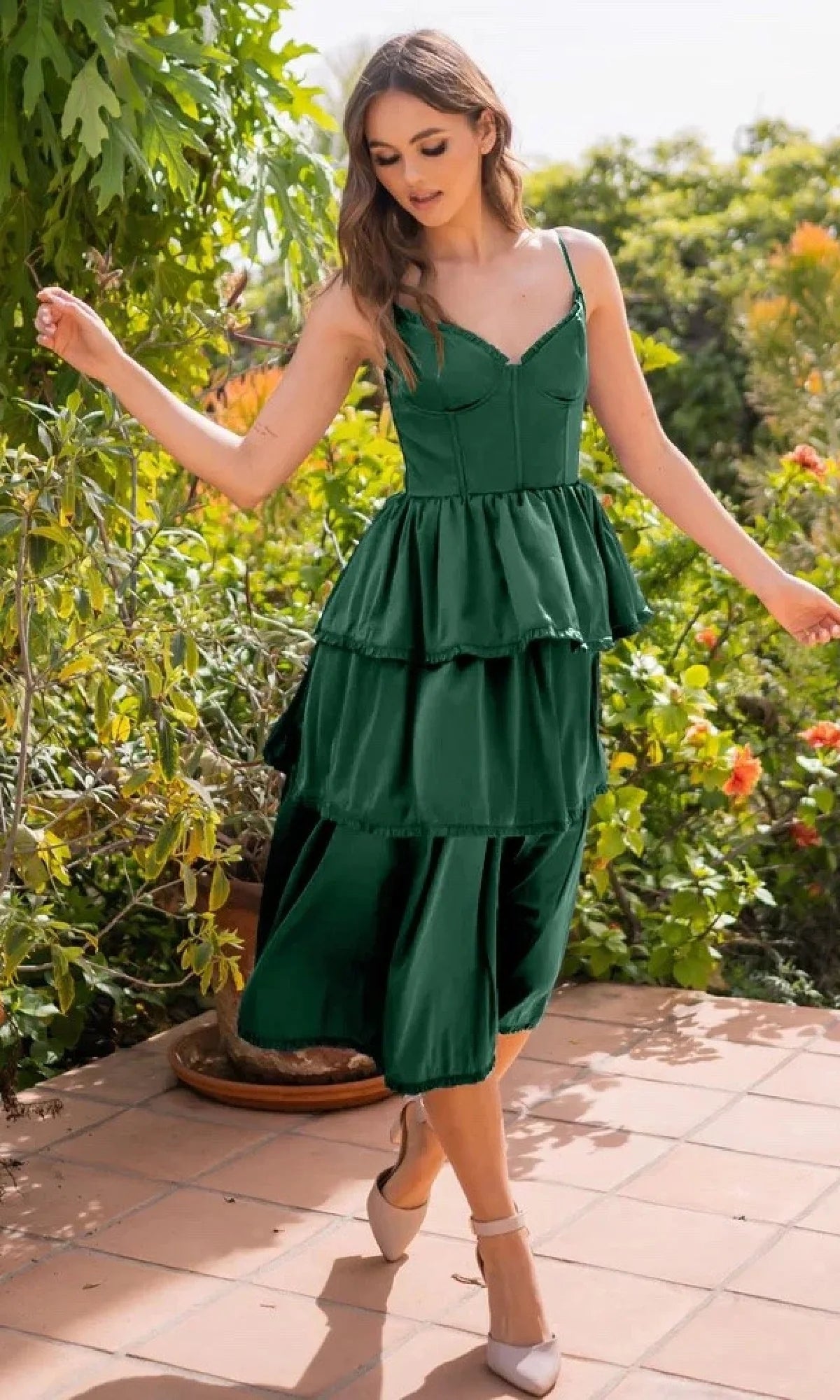 Tiered Midi Homecoming Dress Spaghetti Straps Ruffle Bust Corset Bodice Side Slit Lace-Up Back Satin