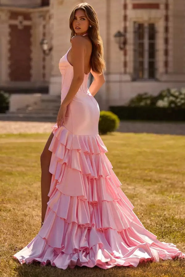 Tiered Ruffle Mermaid Halter Sweetheart Corset Open Back Slit Long Evening Dress