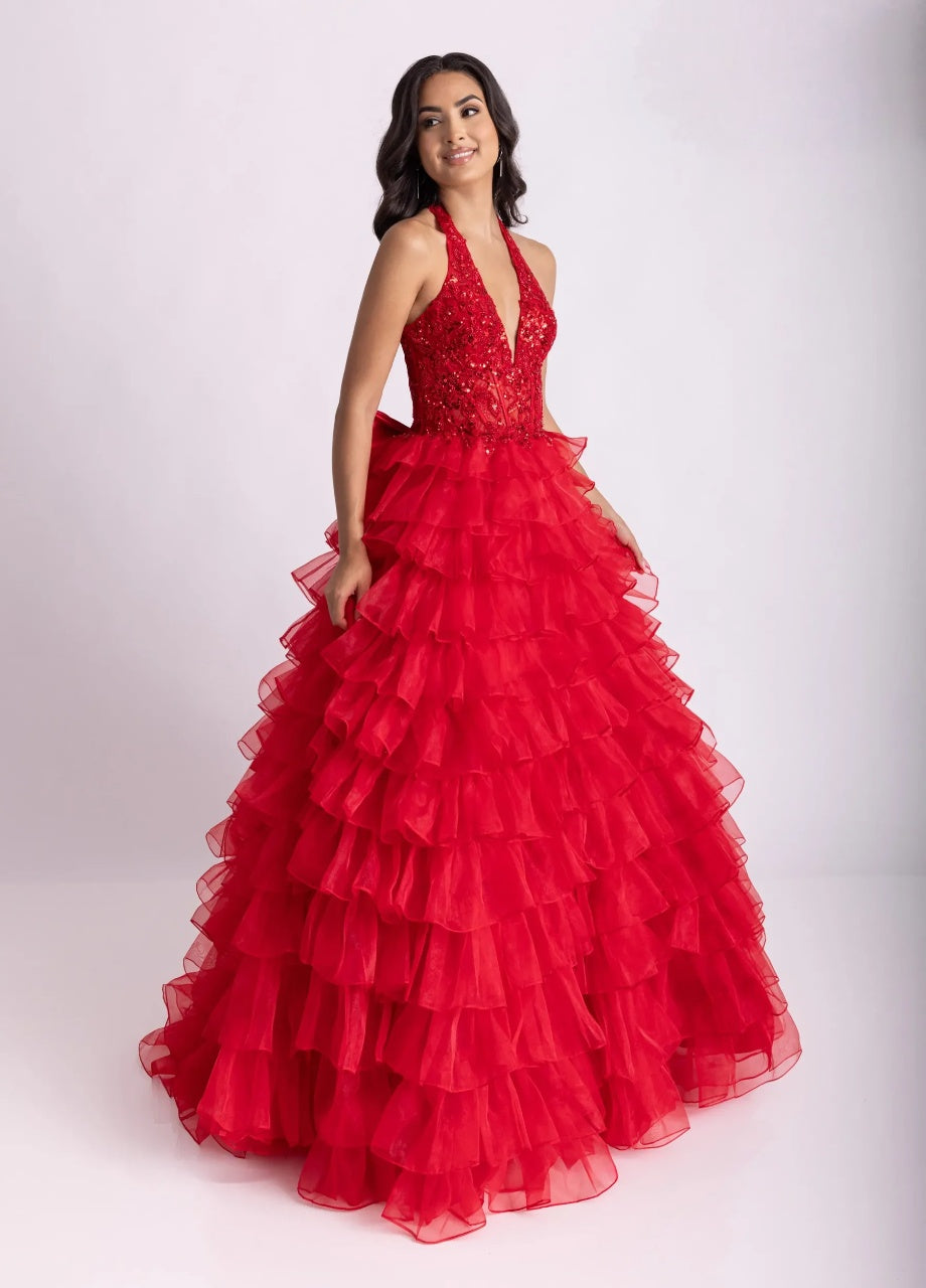 Tiered tulle ballgown halter-neck sleeveless corset tie-back floor-length evening dresses