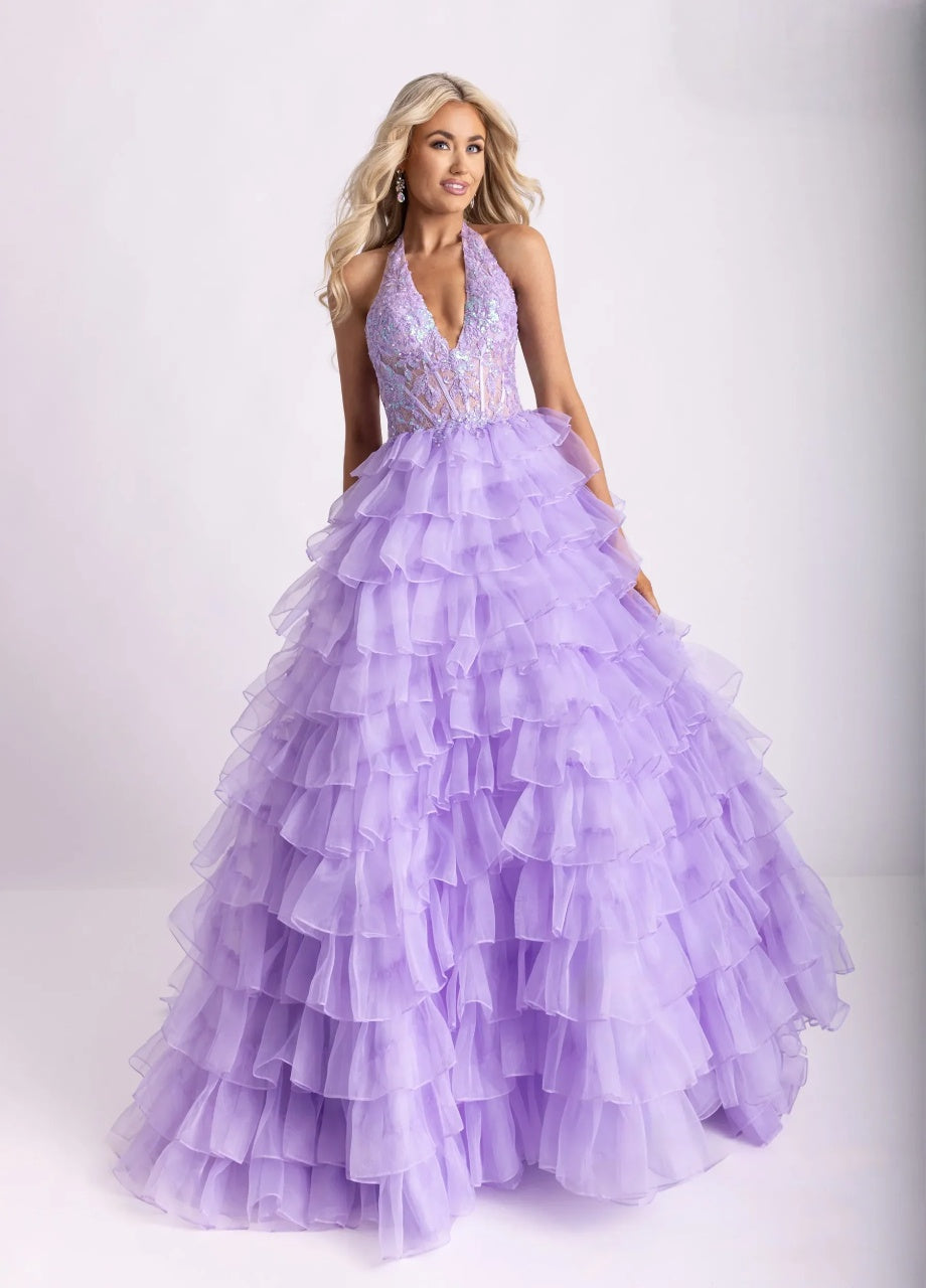 Tiered tulle ballgown halter-neck sleeveless corset tie-back floor-length evening dresses
