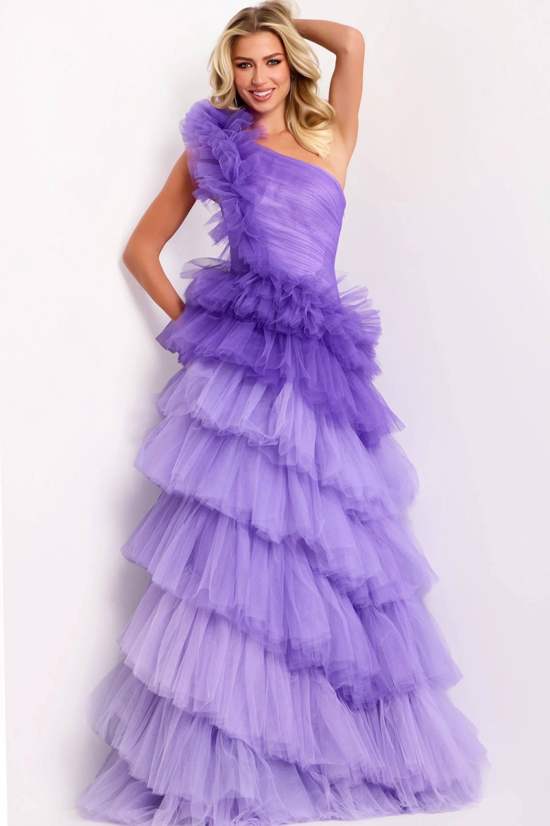 Tiered tulle ballgown one-shoulder sleeveless floor-length evening dresses