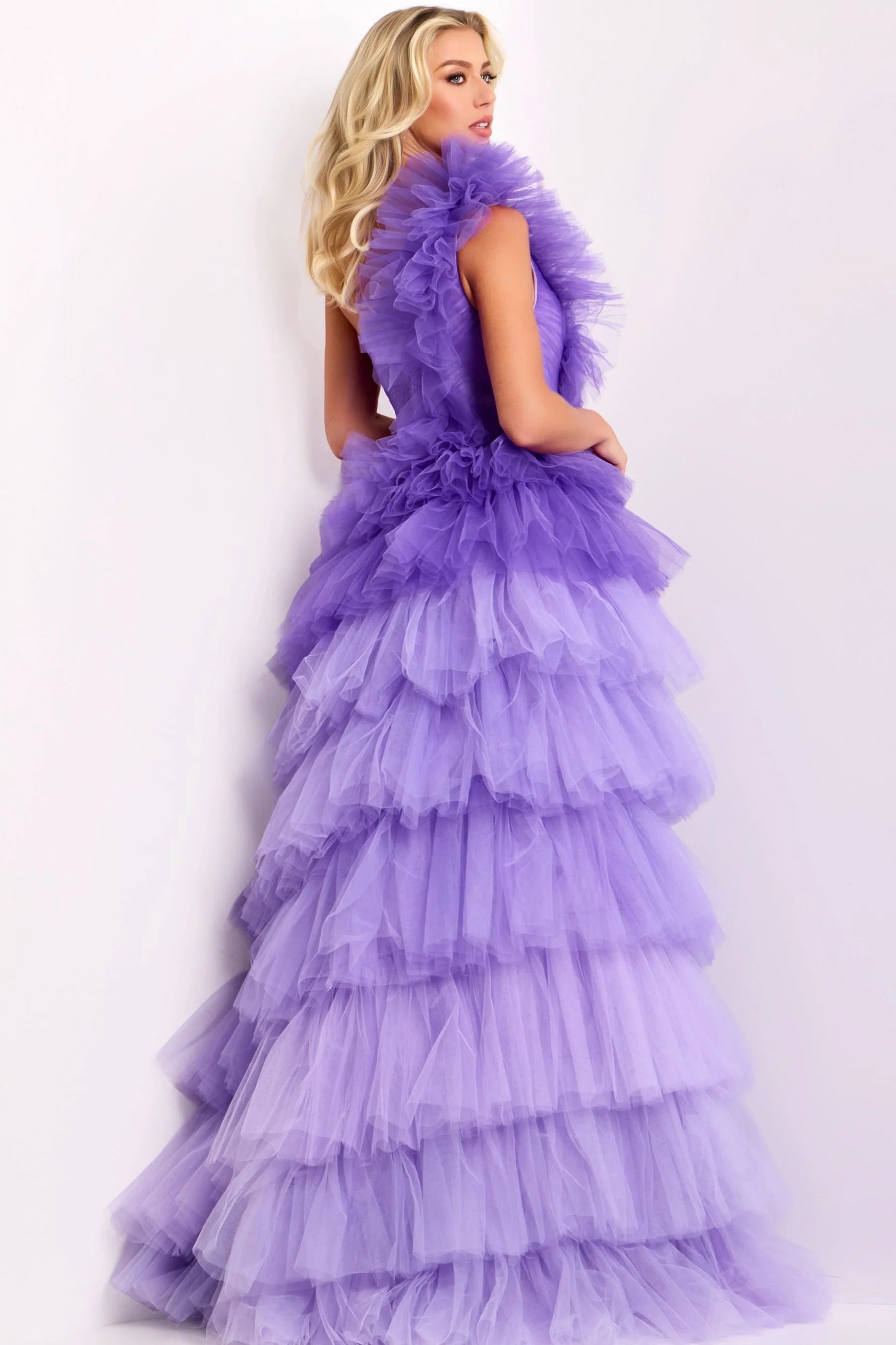Tiered tulle ballgown one-shoulder sleeveless floor-length evening dresses