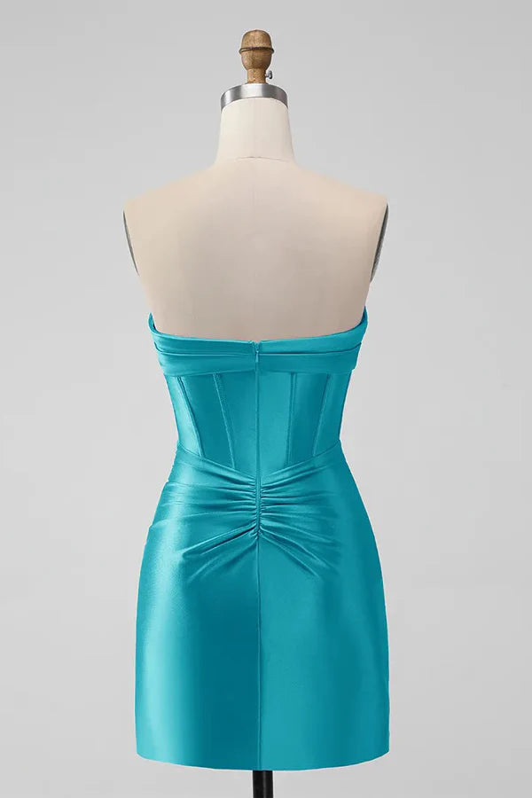 Tight Strapless Keyhole Satin Turquoise Homecoming Dress