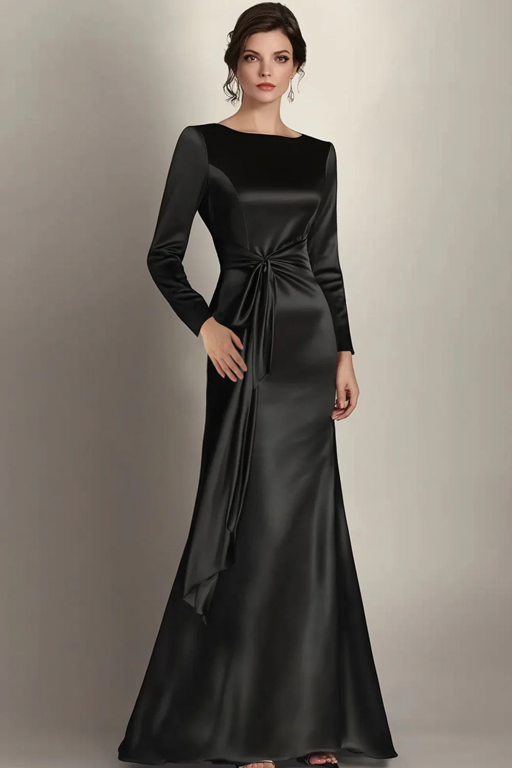 Timeless Black Satin Mermaid Boat Neck Long Sleeve Tie Waist Maxi Mother of the Bride Dresses