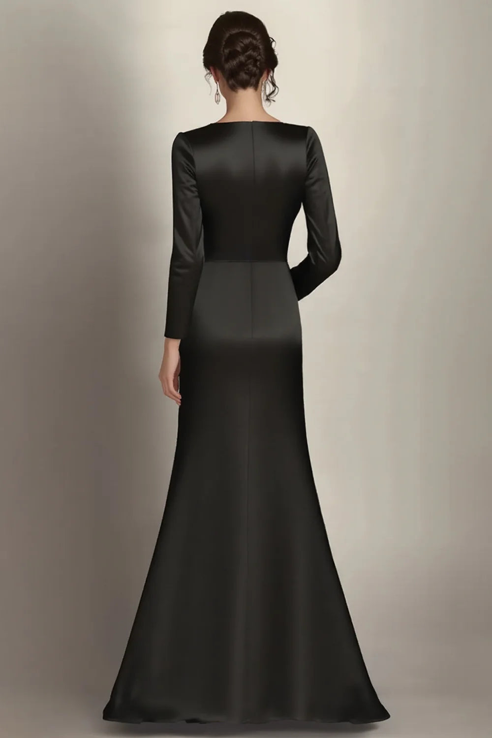 Timeless Black Satin Mermaid Boat Neck Long Sleeve Tie Waist Maxi Mother of the Bride Dresses